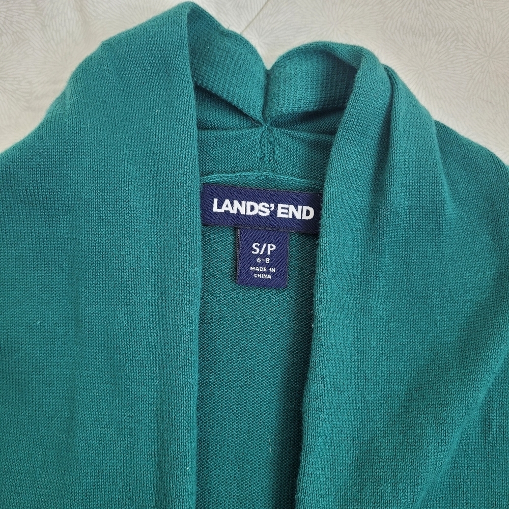 Lands End long teal green cotton cardigan pockets grandma core casual work S/P - Picture 2 of 9